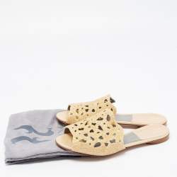 Pre Owned Gina Gold Leather Crystal Embellished Slide Sandals Size 38.5