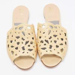 Pre Owned Gina Gold Leather Crystal Embellished Slide Sandals Size 38.5