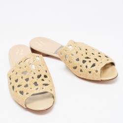 Pre Owned Gina Gold Leather Crystal Embellished Slide Sandals Size 38.5