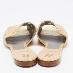 Pre Owned Gina Gold Leather Crystal Embellished Slide Sandals Size 38.5