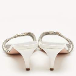 Gina Silver Croc Embossed Leather Crystal Embellished Slide Sandals Size 42