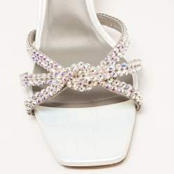 Gina Silver Croc Embossed Leather Crystal Embellished Slide Sandals Size 42