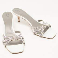 Gina Silver Croc Embossed Leather Crystal Embellished Slide Sandals Size 42