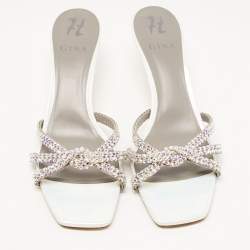 Gina Silver Croc Embossed Leather Crystal Embellished Slide Sandals Size 42