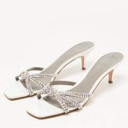 Gina Silver Croc Embossed Leather Crystal Embellished Slide Sandals Size 42