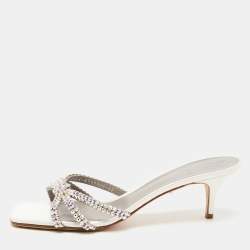 Gina Silver Croc Embossed Leather Crystal Embellished Slide Sandals Size 42