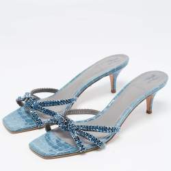 Gina Blue Crystal Embellished Leather Slide Sandals Size 42