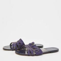 Pre Owned Gina Blue Crystal Embellished Leather Flat Slides Size 38.5