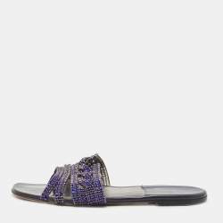 Pre Owned Gina Blue Crystal Embellished Leather Flat Slides Size 38.5