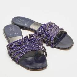 Pre Owned Gina Blue Crystal Embellished Leather Flat Slides Size 38.5