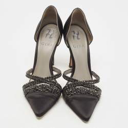 مملوكة مسبقًا Gina Black Satin Crystal Embellished D'orsay Pointed Toe Pumps Size 38