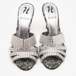 Pre Owned Gina Silver Crystal Embellished Leather Dakota Sandals Size 37.5