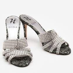 Pre Owned Gina Silver Crystal Embellished Leather Dakota Sandals Size 37.5