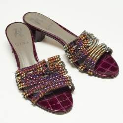 Gina Purple Croc Embossed Leather Crystal Embellished Loren Slide Sandals Size 37