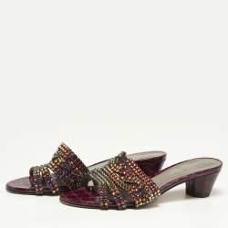 Gina Purple Croc Embossed Leather Crystal Embellished Loren Slide Sandals Size 37