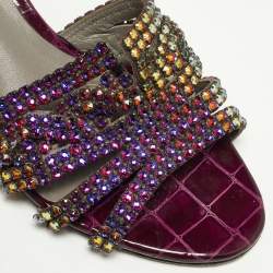 Gina Purple Croc Embossed Leather Crystal Embellished Loren Slide Sandals Size 37