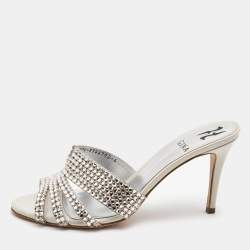 Gina Silver Crystal Embellished Leather Slide Sandals Size 39