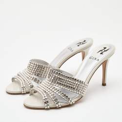 Gina Silver Crystal Embellished Leather Slide Sandals Size 39