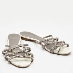 Gina White Crystal Embellished Leather Flat Slides Size 38.5