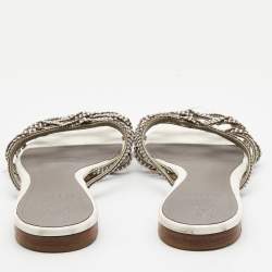 Gina White Crystal Embellished Leather Flat Slides Size 38.5
