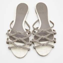 Gina White Crystal Embellished Leather Flat Slides Size 38.5