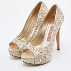 Gina Beige Satin Crystal Embellished Peep Toe Platform Pumps Size 37