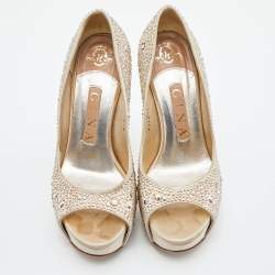 Gina Beige Satin Crystal Embellished Peep Toe Platform Pumps Size 37