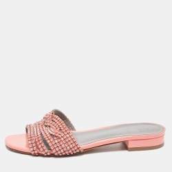 Pre Owned Gina Peach Patent Leather Crystal Embellished Flat Slides Size 40