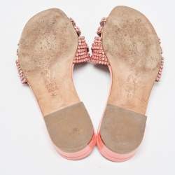 Pre Owned Gina Peach Patent Leather Crystal Embellished Flat Slides Size 40