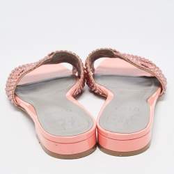 Pre Owned Gina Peach Patent Leather Crystal Embellished Flat Slides Size 40