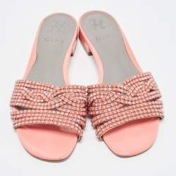 Pre Owned Gina Peach Patent Leather Crystal Embellished Flat Slides Size 40