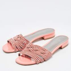 Pre Owned Gina Peach Patent Leather Crystal Embellished Flat Slides Size 40