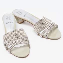 مملوكة مسبقًا Gina Grey Crystal Embellished Leather Slide Sandals Size 38.5