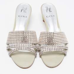 مملوكة مسبقًا Gina Grey Crystal Embellished Leather Slide Sandals Size 38.5