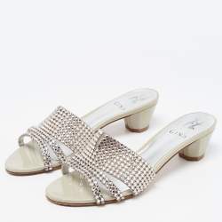 مملوكة مسبقًا Gina Grey Crystal Embellished Leather Slide Sandals Size 38.5
