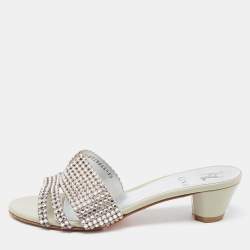 مملوكة مسبقًا Gina Grey Crystal Embellished Leather Slide Sandals Size 38.5