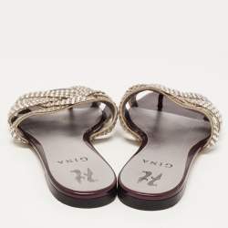 مملوكة مسبقًا Gina Silver/Purple Crystal Embellished Leather Flat Slides Size 38