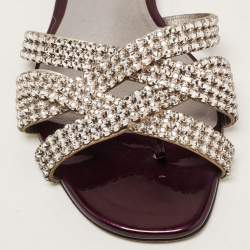 مملوكة مسبقًا Gina Silver/Purple Crystal Embellished Leather Flat Slides Size 38