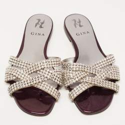 مملوكة مسبقًا Gina Silver/Purple Crystal Embellished Leather Flat Slides Size 38