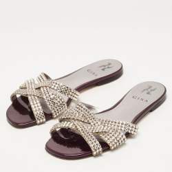 مملوكة مسبقًا Gina Silver/Purple Crystal Embellished Leather Flat Slides Size 38