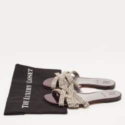 مملوكة مسبقًا Gina Silver/Purple Crystal Embellished Leather Flat Slides Size 38