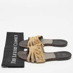 Gina Gold Leather Crystal Embellished Flat Slides Size 39 