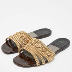 Gina Gold Leather Crystal Embellished Flat Slides Size 39 