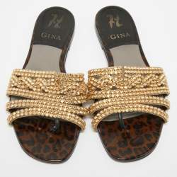 Gina Gold Leather Crystal Embellished Flat Slides Size 39 