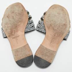 Pre Owned Gina Green Croc Embossed Leather Crystal Embellished Flat Slides Size 39