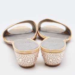Gina Beige Croc Embossed Leather Crystal Embellished Heel Slide Sandals Size 41.5