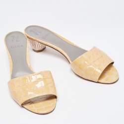 Gina Beige Croc Embossed Leather Crystal Embellished Heel Slide Sandals Size 41.5