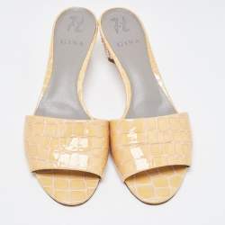 Gina Beige Croc Embossed Leather Crystal Embellished Heel Slide Sandals Size 41.5