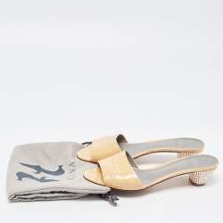 Gina Beige Croc Embossed Leather Crystal Embellished Heel Slide Sandals Size 41.5