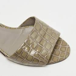 Pre Owned Gina Olive Green Croc Embossed Patent Leather Crystal Embellished Slide Sandals Size 41.5